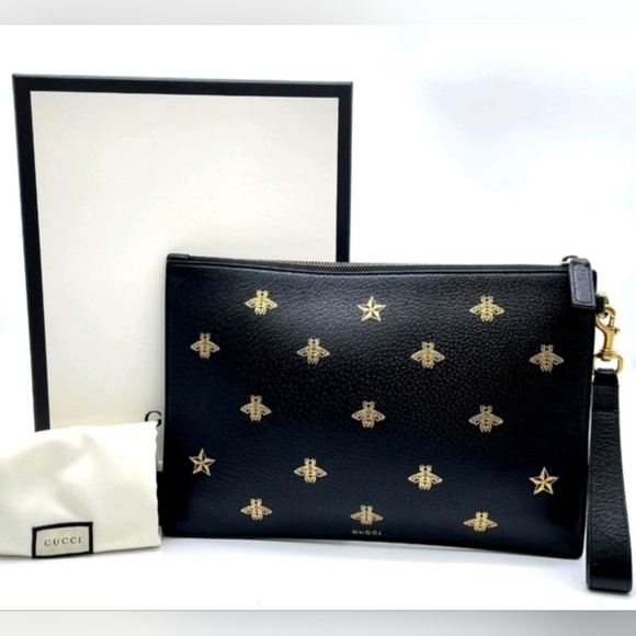 Gucci Handbags - GUCCI Black Leather Bee & Star Wristlet Pouch Clutch 495066 Full Inclusion LNC
